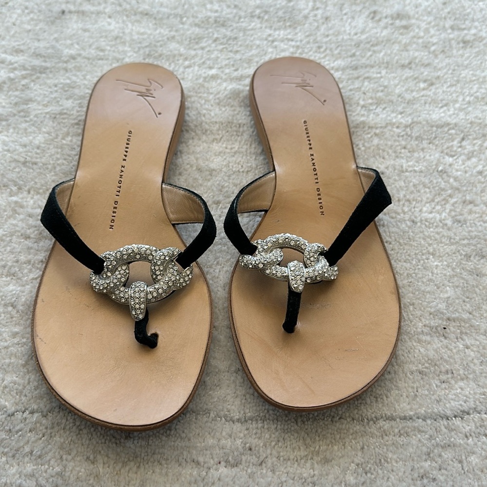 Giuseppe Zanotti sandals, black suede with crystal buckle, EUC, 38.5 EU